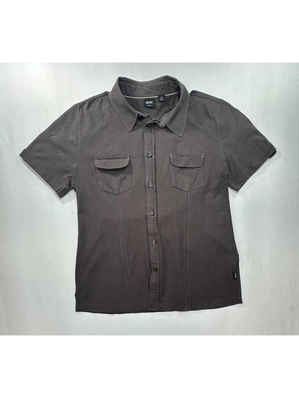 Hugo Boss Slim Pockets Short Sleeve Button Up Brown Youth L